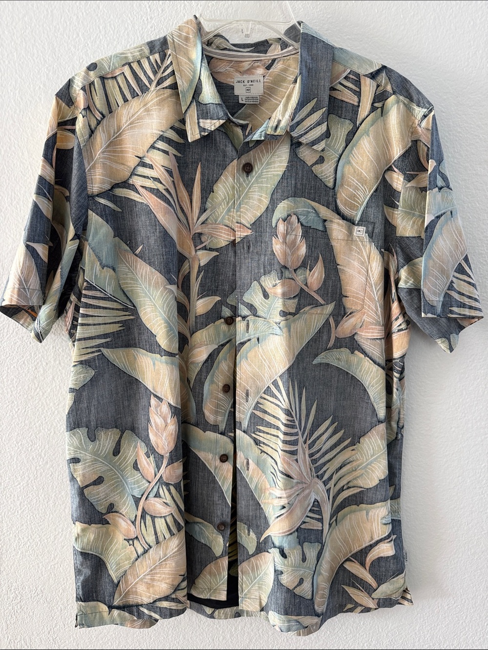 Jack O’Neill Hawaiian Shirt Large Charcoal Gray Tan Monstera Tropical Palm